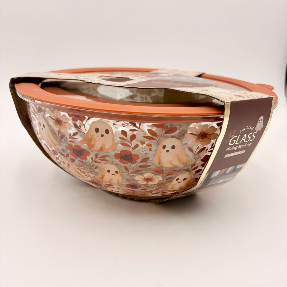 FreshBox Nest & Stack Halloween Ghost Floral Glass Mixing Bowl Set 6 Piece NEW